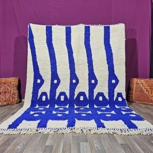 Handwoven Beni Ourain Wool Rug: Blue & White Moroccan Decor