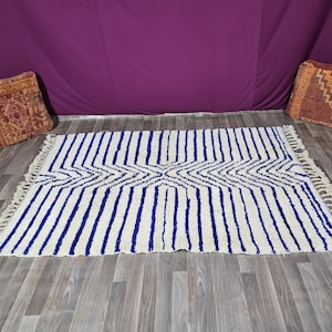 Hand-Knotted Moroccan Wool Rug: Blue & White Striped Berber Decor