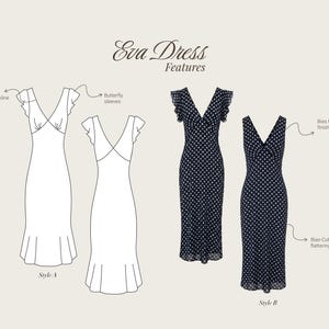May include: An illustration of the "Eva Dress" featuring two styles. Style A shows a white dress with a V-neckline and butterfly sleeves. Style B showcases a navy blue polka dot dress with a V-neck, bias tape finish, and flattering drape.