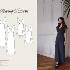 May include: A navy blue maxi dress with white polka dots, featuring a V-neck and flutter sleeves. The image also shows a sewing pattern with dress designs labeled "Style A" and "Style B", with the text "Sewing Pattern".