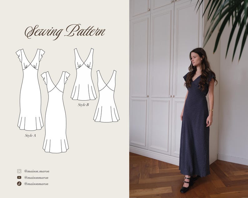 May include: A navy blue maxi dress with white polka dots, featuring a V-neck and flutter sleeves. The image also shows a sewing pattern with dress designs labeled "Style A" and "Style B", with the text "Sewing Pattern".