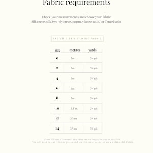 May include: Fabric requirements chart with measurements in meters and yards for various skirt sizes. Includes fabric width of 54/60 inches. The chart lists sizes 0-14, with fabric requirements ranging from 3 to 3.5 meters.