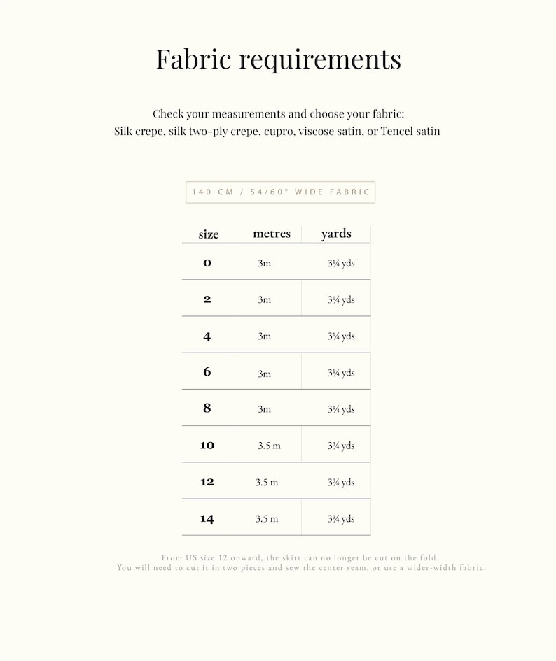 May include: Fabric requirements chart with measurements in meters and yards for various skirt sizes. Includes fabric width of 54/60 inches. The chart lists sizes 0-14, with fabric requirements ranging from 3 to 3.5 meters.