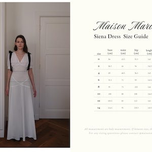 May include: A woman wearing a white Siena dress with black straps. The dress has a V-neck and a flowing skirt. A size guide is displayed with bust, waist, hip, and length measurements in centimeters. The text "Maison Maron" is at the top.