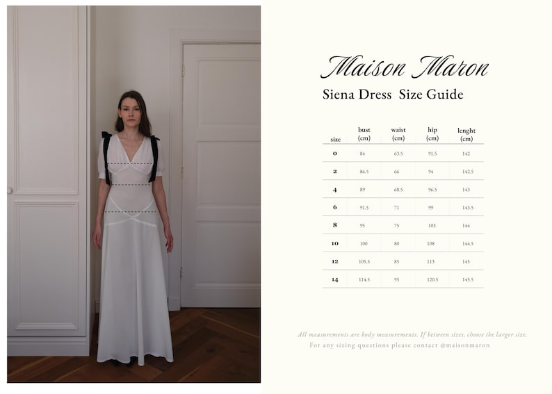 May include: A woman wearing a white Siena dress with black straps. The dress has a V-neck and a flowing skirt. A size guide is displayed with bust, waist, hip, and length measurements in centimeters. The text "Maison Maron" is at the top.