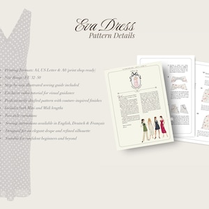 May include: An illustration of a white polka dot dress and pattern details. The text reads "Eva Dress Pattern Details" and lists features like printing formats, size range, and sewing instructions in English, German, and French.