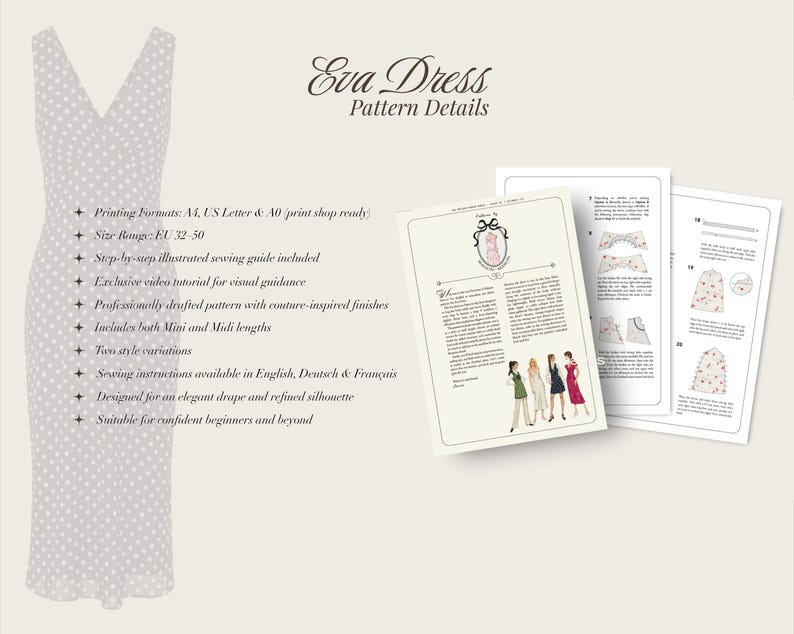 May include: An illustration of a white polka dot dress and pattern details. The text reads "Eva Dress Pattern Details" and lists features like printing formats, size range, and sewing instructions in English, German, and French.