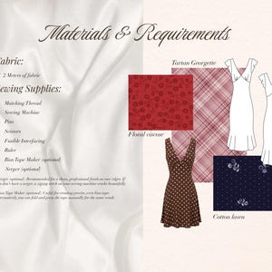 May include: A sewing pattern guide with the title "Materials & Requirements." It lists fabric and sewing supplies needed. The image includes fabric swatches of floral viscose, tartan georgette, and cotton lawn, along with dress sketches.