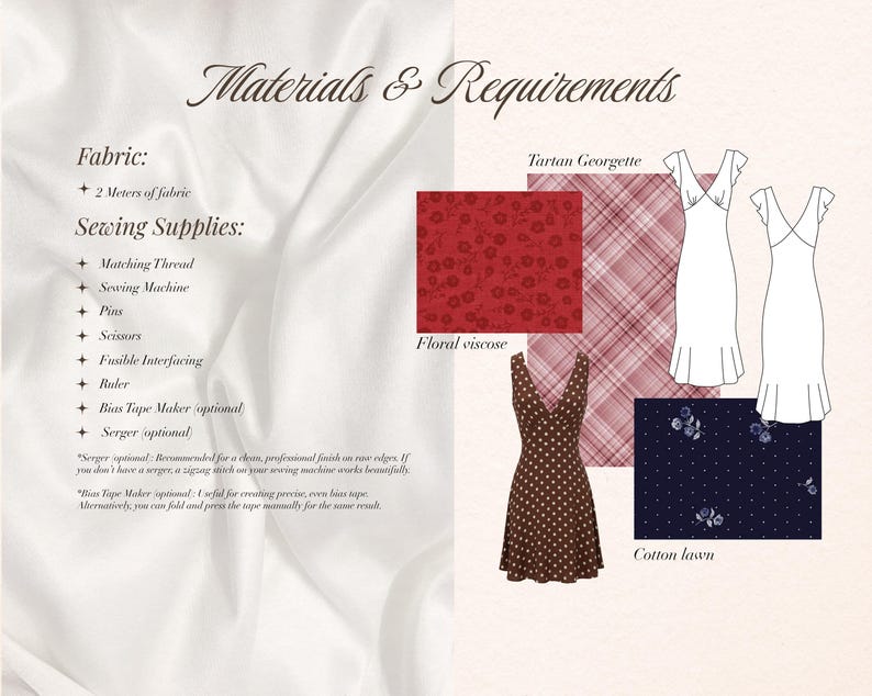 May include: A sewing pattern guide with the title "Materials & Requirements." It lists fabric and sewing supplies needed. The image includes fabric swatches of floral viscose, tartan georgette, and cotton lawn, along with dress sketches.