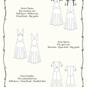 May include: Line drawings of three different dress designs. Each dress is shown from the front and back. The text reads "Maison Maron", "Siena Classica", "Siena Aperta", and "Siena Semplice". The text also reads "See you in Siena".