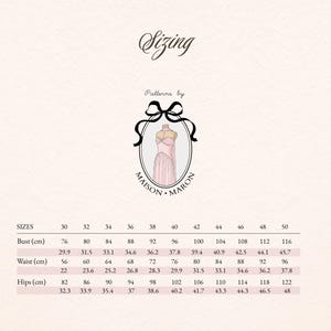 May include: A sizing chart for Maison Maron patterns, featuring bust, waist, and hip measurements in centimeters, ranging from size 30 to 50. The chart includes a logo with a dress form and the text "Sizing".