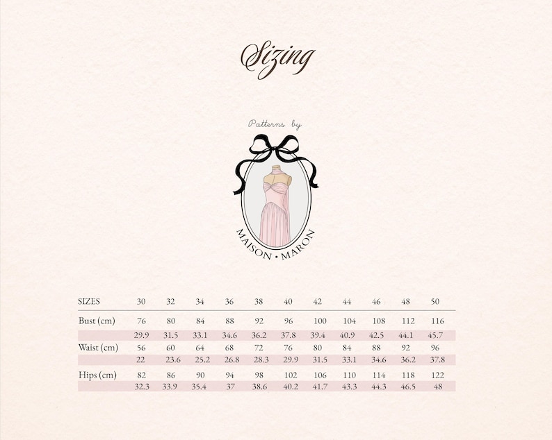 May include: A sizing chart for Maison Maron patterns, featuring bust, waist, and hip measurements in centimeters, ranging from size 30 to 50. The chart includes a logo with a dress form and the text "Sizing".