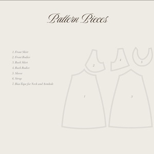 May include: A beige-colored illustration of sewing pattern pieces, including a front skirt, front bodice, back skirt, back bodice, sleeve, strap, and bias tape. The text "Pattern Pieces" is at the top.