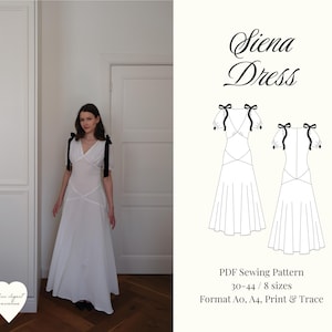 Pode incluir: Um vestido branco com decote em V e laços pretos nos ombros. O vestido tem uma saia fluida e um corpete ajustado. A imagem também inclui um desenho linear do vestido e o texto "Siena Dress".