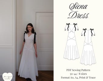 Vintage Satin Midi Dress Sewing Pattern | Puff Sleeve Dress PDF | Romantic Wedding Guest Dress | Godet Skirt Pattern | INSTANT Download
