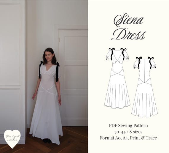 Vintage Satin Maxi Dress Sewing Pattern | Puff Sleeve Dress PDF | Romantic Wedding Guest Dress | Godet Skirt Pattern | INSTANT Download
