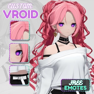 May include: Digital art of a female anime character with pink hair and purple eyes. The character wears a white top and black shorts. The image includes the text "CUSTOM VROID" and "FREE EMOTES".