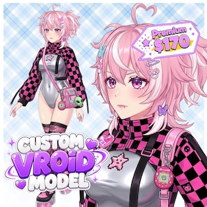 May include: A digital character illustration featuring a person with pink hair, wearing a black and pink checkered long-sleeve top over a silver bodysuit. Accessories include a pink bag with an alien charm, a digital pet, and butterfly hair clips.
