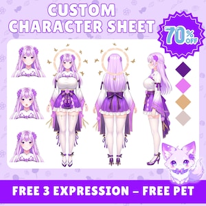 以下が含まれることがあります： 紫と白の衣装を着た女性アニメキャラクターをフィーチャーしたカスタムキャラクターシートデザイン。シートには、キャラクターの複数のビュー、カラーサンプル、かわいい紫色のキツネが含まれています。「CUSTOM CHARACTER SHEET」と「70% OFF」というテキストが含まれています。