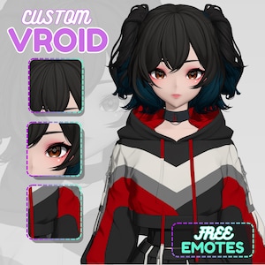 Könnte beinhalten: Digitale Illustration eines Anime-Charakters mit schwarzen Haaren und blauen Highlights. Sie trägt einen schwarz-rot-weißen Kapuzenpullover. Der Text "CUSTOM VROID" und "FREE EMOTES" ist enthalten.