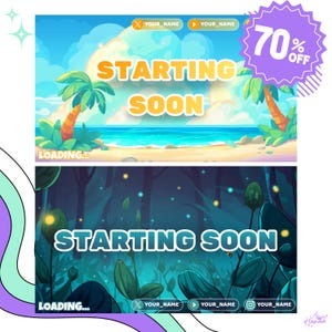 May include: Two animated backgrounds for a live stream, one showing a beach with palm trees and the other a forest. Both display "STARTING SOON" and "LOADING...". A purple starburst indicates a 70% off sale.