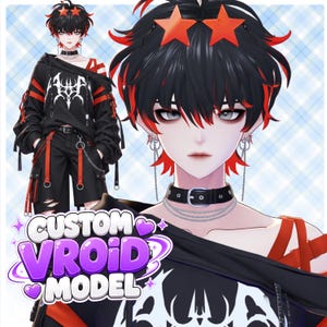 May include: A digital character illustration featuring a person with black and red hair, wearing star-shaped hair clips, a black choker, and a black hoodie with white graphic prints. The text CUSTOM VROID MODEL is displayed in the corner.
