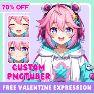 Könnte beinhalten: Digitale Illustration eines Charakters mit rosa Haaren und blauen Highlights, der einen weißen Kapuzenpullover mit Sternmuster trägt. Das Bild enthält den Text "CUSTOM PNGTUBER" und "FREE VALENTINE EXPRESSION". Zusätzliche Panels zeigen verschiedene Gesichtsausdrücke.