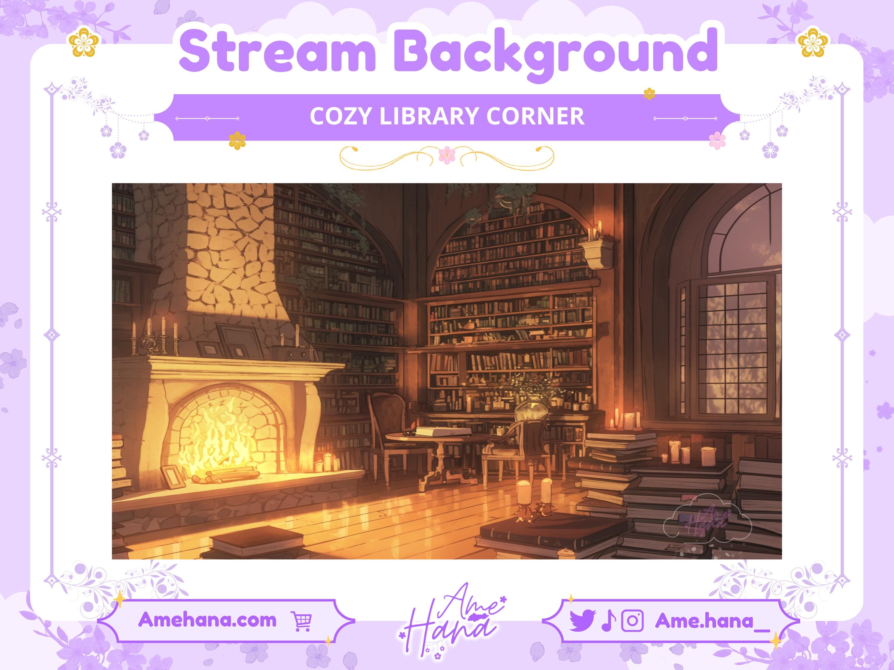 Cozy Library Corner Stream Background: Lofi Twitch Vtuber Background (PNG)