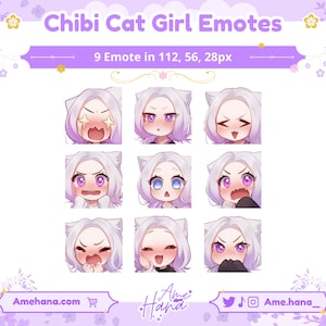 Chibi Cat Girl Twitch Emotes: 9x Emoji Pack (Instant Download)
