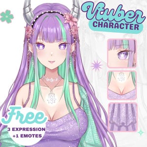 May include: A digital illustration of a female anime-style character with long purple hair, green highlights, and silver horns. The character wears a sparkly purple dress and a floral necklace. Text includes "Vtuber CHARACTER" and "Free 3 EXPRESSION +1 EMOTES."