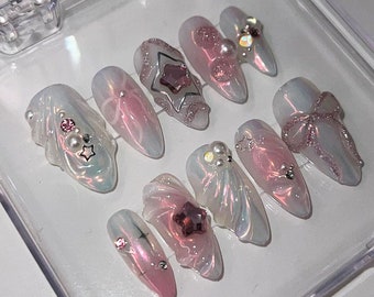 Custom Light Pink Press On Nails, Party Fake Nails, Japanese Nails Gift For Girls, Floating Gel Nails, Y2K Press On Nails