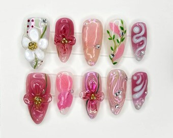 Custom Floral Press On Nails, Party Summer Spring Nails, Japanese Nails Gift For Girls, Floating Gel Nails, Y2K Colorful Flowers Press On