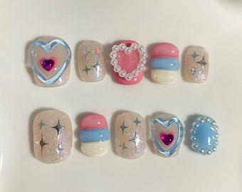 Custom Blue And Pink Press On Nails, Party Hearts Fake Nails, Japanese Nails Gift For Girls, Floating Gel Nails, Y2K Press On Nails