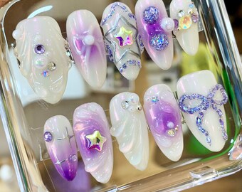 Custom Light Purple Press On Nails, Party Fake Nails, Japanese Nails Gift For Girls, Floating Gel Nails, Y2K Stars Press On Nails