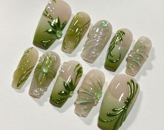 Custom Green Press On Nails, Party Fake Nails, Japanese Nails Gift For Girls, Floating Gel Nails, Y2K Press On Nails