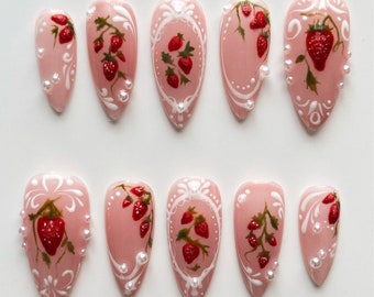 Custom Strawberry Press On Nails, Party Vacation Pink Red Fake Nails, Japanese Nails Gift For Girls, Floating Gel Nails, Y2K Press On Nails