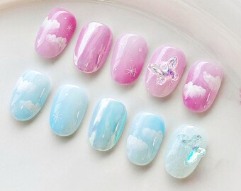 Custom Pink Blue Cloud Press On Nails, Party Fake Nails, Japanese Nails Gift For Girls, Floating Gel Nails, Y2K Press On Nails