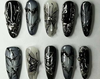 Custom Black Press On Nails, Party Vacation Gothic Punk Nails, Japanese Nails Gift For Girls, Floating Gel Nails, Y2K Press On Nails