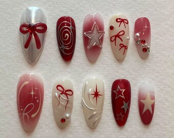 Custom Red Press On Nails, Party Pink Ribbons Fake Nails, Japanese Nails Gift For Girls, Floating Gel Nails, Y2K Press On Nails