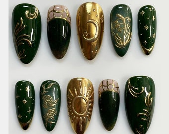 Custom Green Gold Press On Nails, Party Sun Moon Fake Nails, Japanese Nails Gift For Girls, Floating Gel Nails, Y2K Press On Nails