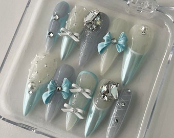 Custom Mint Press On Nails, Party Ribbons Fake Nails, Japanese Nails Gift For Girls, Floating Gel Nails, Y2K Press On Nails