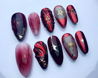 Custom Punk Dark Press On Nails, Party Vacation Black Red Fake Nails, Japanese Nails Gift For Girls, Floating Gel Nails, Y2K Press On Nails