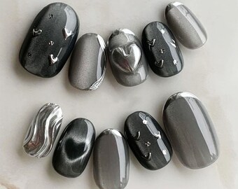 Custom Gray Press On Nails, Party Vacation Grey Fake Nails, Japanese Nails Gift For Girls, Floating Gel Nails, Y2K Press On Nails