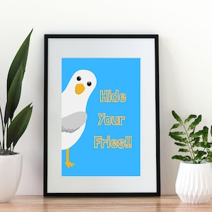 Funny Seagull Digital Print | Hide Your Fries | Beach House | Coastal Print | Seagull | Seagull Print | Animal Print | Home Decor
