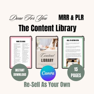 Puede incluir: Imagen de tres tabletas digitales que muestran el texto "Done For You", "MRR & PLR" y "The Content Library". El texto "More CTA Ideas", "Content Library" y "Call-To-Action (CTA)" también es visible. Además, se lee "Instant Download", "Canva", "15 Pages" y "Re-Sell As Your Own".