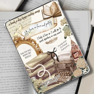 以下が含まれることがあります： 文学をテーマにしたKindleケースのデザインが施されたデジタルダウンロード。デザインには、引用句、本のイラスト、タイプライター、フローラルのアクセントが含まれています。「Emotional Support Kindle」と「Digital Download」の文字が見えます。
