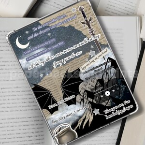 May include: Clear phone case with a collage design. The design includes text, a sword, stars, and a crescent moon. The text includes phrases like "To the stars who listen" and "long story short, I survived."