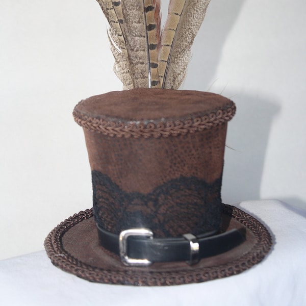 Steampunk Mini Hat- Brown Faux Leather with lace, belt buckle, feather