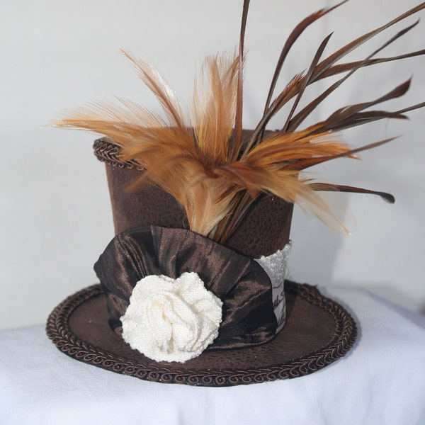 Steampunk Mini Hat- Brown Faux Leather with Cream band and feather