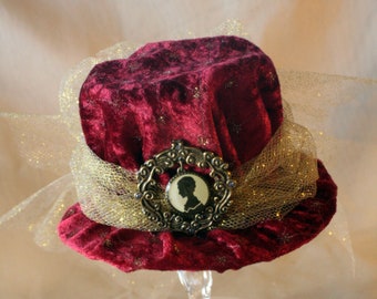 Steampunk Mini Hat Burgandy Velvet With Gold and a Cameo